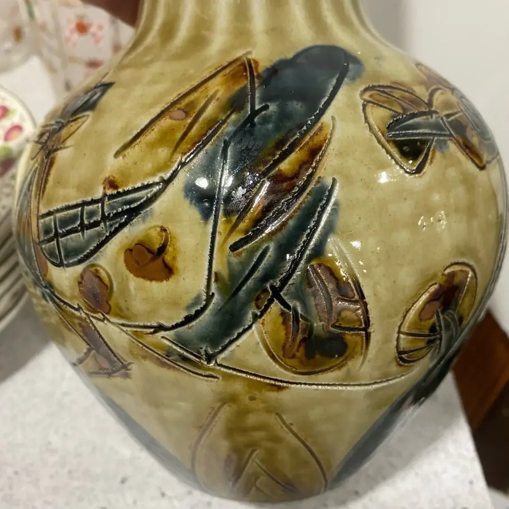 Vintage Mid Century Art Pottery Vase Drip Glaze Incised Brutalist Okinawa Japan